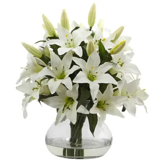 16" White Lily Silk Arrangement with Glass Vase {1}