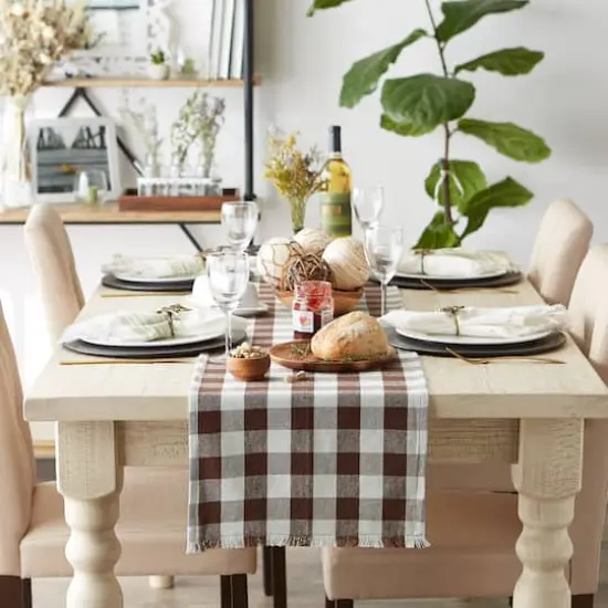 DII&reg; 72" Heavyweight Check Fringed Table Runner Bark Brown {6}