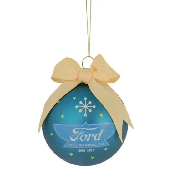 3" Matte Blue Ford The Universal Car with Beige Ribbon Glass Ball Ornament {1}