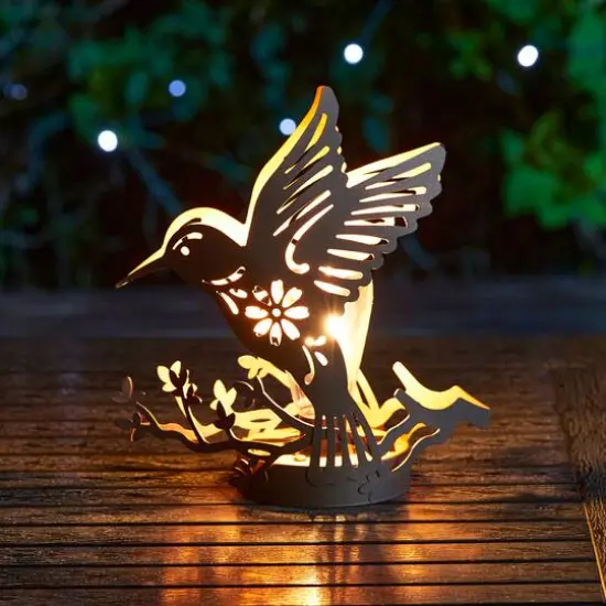 Glitzhome® 9.75" Metal Flying Hummingbird Silhouette Solar Powered Edison Bulb Outdoor Lantern {4}