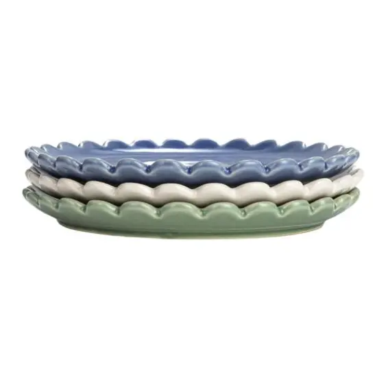 Hello Honey® 8" Blue, Green & Cream Round Stoneware Plate with Scalloped Edge Set {6}