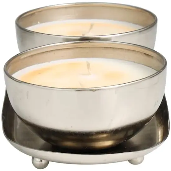 Jasmine Scented 2-Wick Candles in Silver Bowls Set  {4}