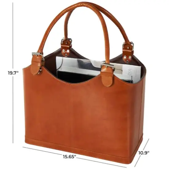 20" Brown Leather Handmade Box Style Single Slot Decorative Magazine Holder with Curved Buckle Handles {8}