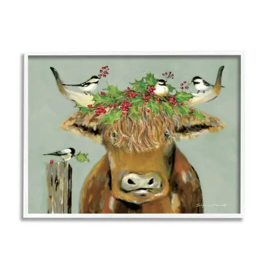 Stupell Industries Cattle & Birds Holiday Holly Framed Giclee Art White {1}