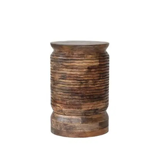 Hello Honey® Natural Round Mango Wood Carved Line Stool Table {1}