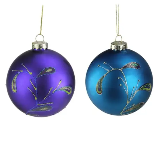 2ct. 4" Purple & Blue 2-Finish Peacock Glass Ball Ornaments {3}