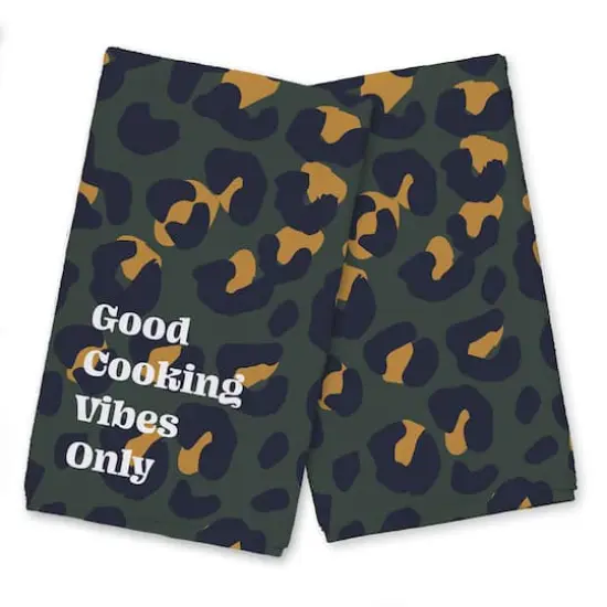 Good Cooking Vibes Only Leopard Tea Towel Set Green {1}