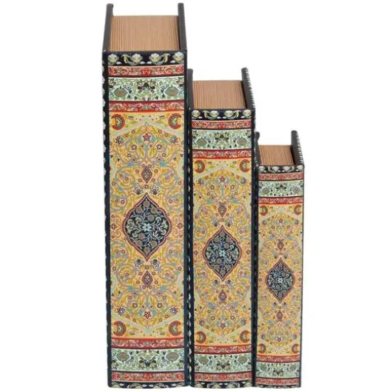 Arabesque Pattern Canvas Storage Book Box Set Green/Yellow/Red {7}