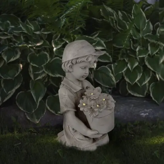 15" Solar LED-Lit Boy with Flowers Outdoor Garden Statue {3}