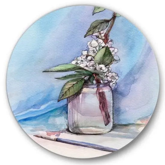 Designart - Cherry Blossom In Glass Jar - Farmhouse Metal Circle Wall Art {2}