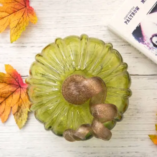 Glitzhome&reg; Green & Amber Crackle Glass Short Pumpkin Set {14}