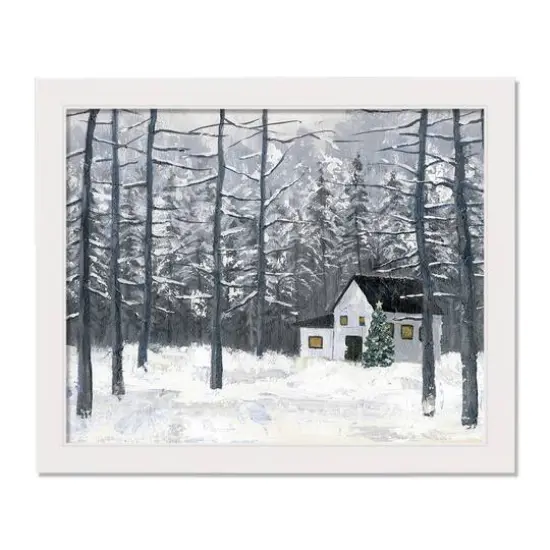 Painted Winter Cottage White Framed Canvas Wall Art {1}