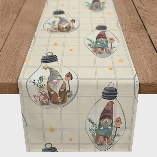 90" Cream & Gray Check Gnome Globe Pattern Cotton Twill Runner {1}