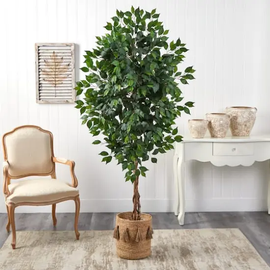 6ft. Ficus Artificial Tree with Natural Trunk in Handmade Natural Jute Planter with Tassels {4}