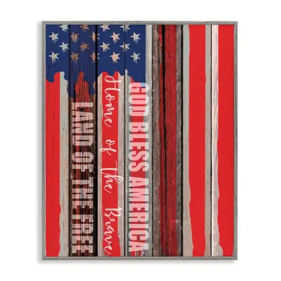 Stupell Industries God Bless America Wood Grain Flag Red White Blue Americana Framed Giclee Art Gray {1}