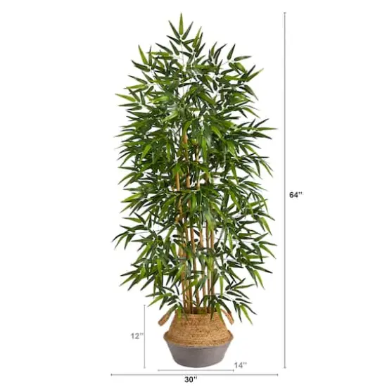 64" Bamboo Artificial Tree Natural Bamboo Trunks in Boho Chic Handmade Cotton & Jute Gray Woven Planter {3}