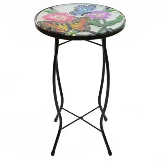 19" Floral & Butterfly Glass Patio Side Table {1}