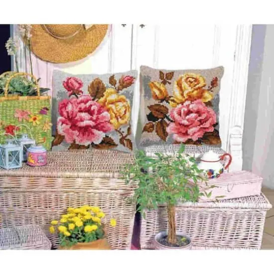 Orchidea Needlepoint Kit Cushion - Printed Canvas Roses On The Grey Background {4}
