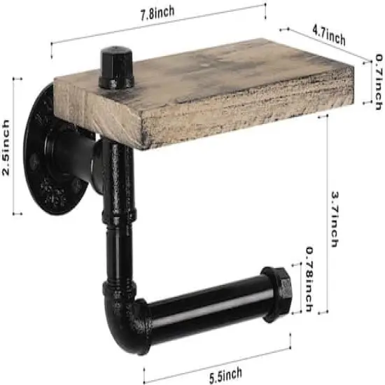 Rustic Brown Industrial Wall-Mounted Toilet Paper Holder with Wood Shelf {3}