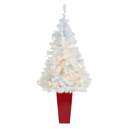 4.5ft. Pre-Lit White Artificial Christmas Tree in Red Planter, Clear LED Lights {1}