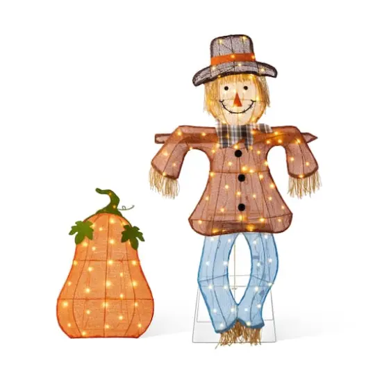 Glitzhome&reg; Lighted Fall Scarecrow & Pumpkin Outdoor Decor with Warm White LED Lights Set {1}