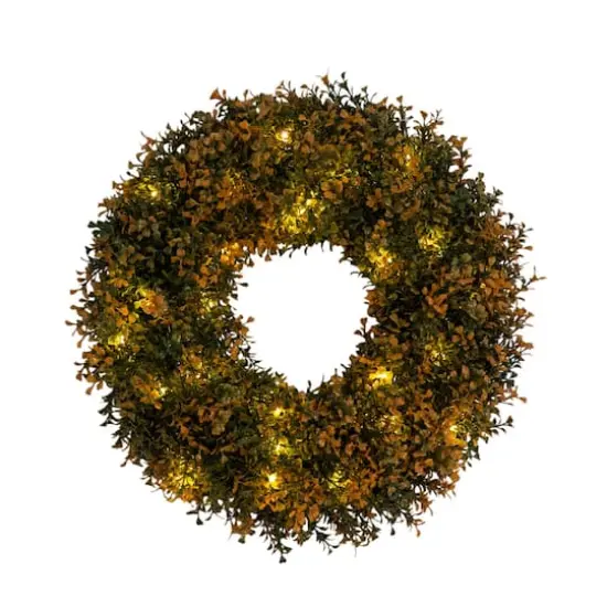 18in. Pre-Lit Autumn Boxwood Artificial Fall Wreath with 25 Warm White LED Lights {1}