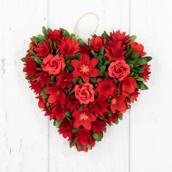 12.25" Mixed Floral with Wooden Flowers Artificial Valentine's Day Heart Wreath {6}