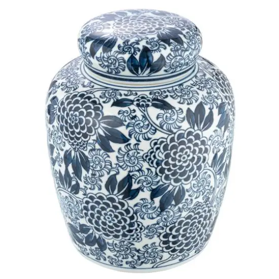 Hello Honey&reg; 8" Blue & White Decorative Chrysanthemum Ceramic Ginger Jar with Lid {1}