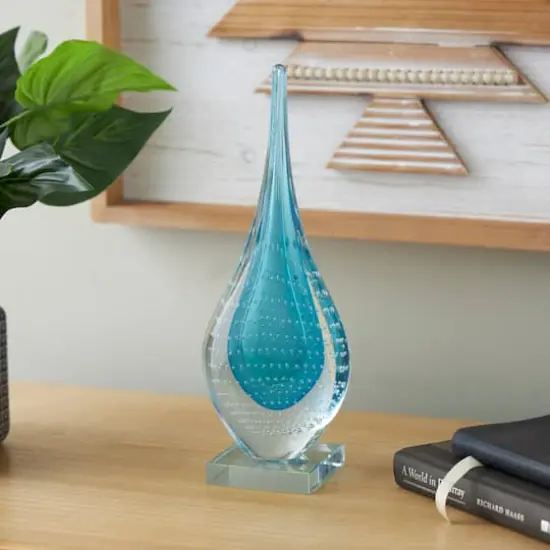 13" Blue Glass Abstract Teardrop Sculpture {9}