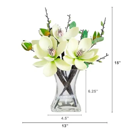 15" White Magnolia Arrangement with Glass Vase {5}