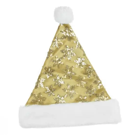 14" Adult Medium Sequin Snowflake Santa Hat, Gold {3}