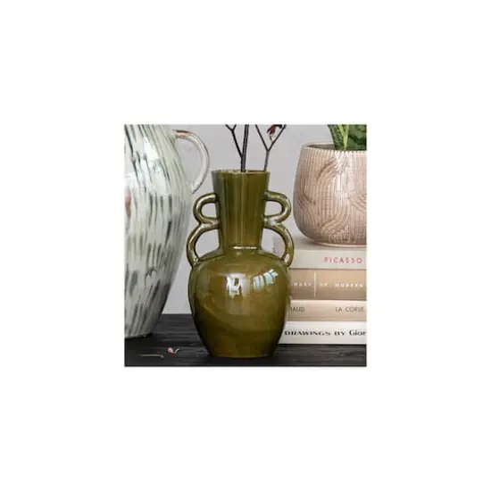 Hello Honey® 8.5" Olive Green Reactive Glaze Stoneware Vase with Handles {4}