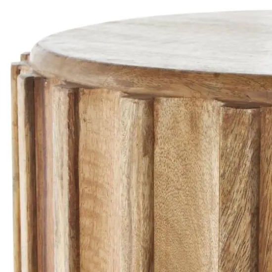 18.25" Brown Mango Wood Handmade Concaved Curve Drum Accent Table with Ridges {6}