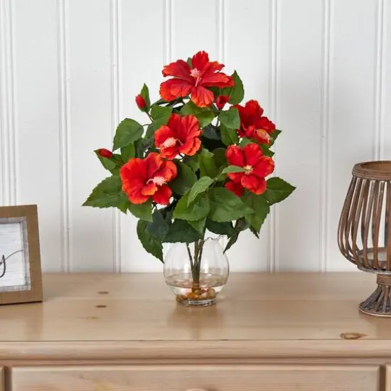 17" Red Hibiscus Silk Flower Arrangement in Fluted Vase {4}