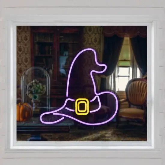 15" Purple LED Neon Style Witch Hat Halloween Window Silhouette {4}