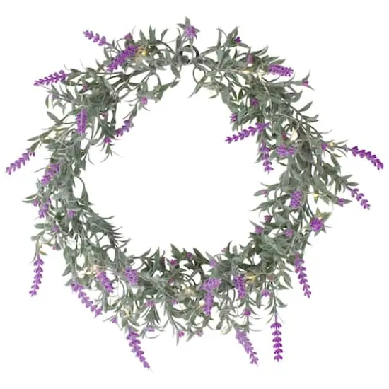 16" White LED Lighted Artificial Pink Lavender Spring Wreath {1}
