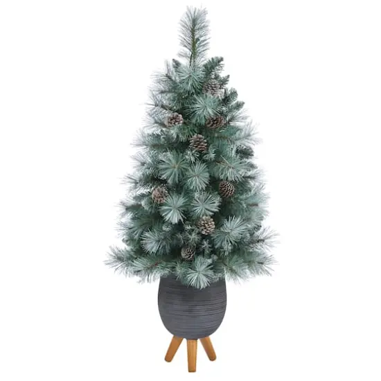 3.5ft. Pre-Lit Frosted Tip British Columbia Mountain Pine Artificial Christmas Tree in Gray Tripod Planter, Clear Lights {3}