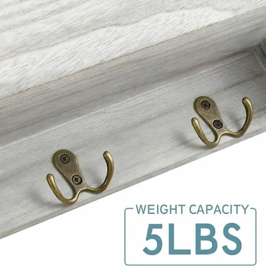 Rustic White Wooden Mail 1-Piece Floating Wall Shelf With 6 Key Hooks {5}