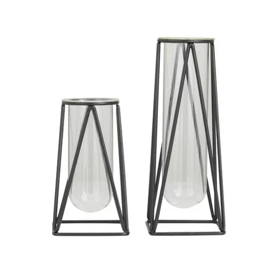 CosmoLiving by Cosmopolitan Set of 2 Black Iron Modern Vase, 13" x 5" x 5" {6}