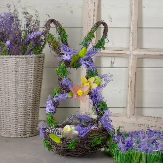 14.5" Purple & Green Floral Easter Bunny Decorative Basket {3}