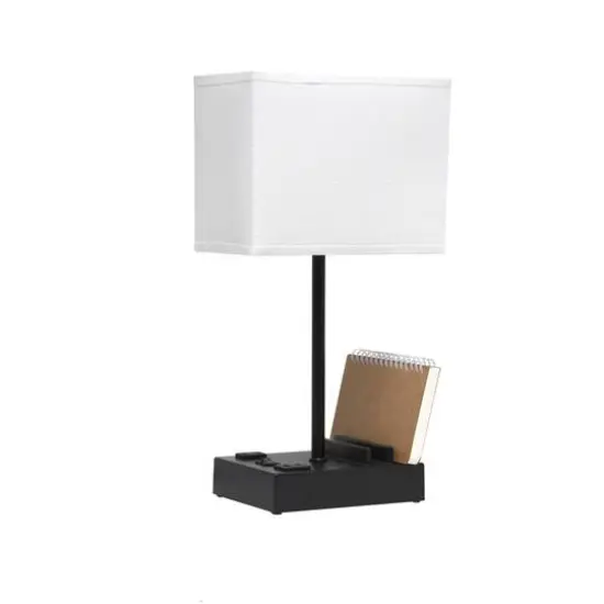 Simple Designs 15.3" Table Lamp with 2 USB Ports & Charging Outlet Black Base/White Shade {9}