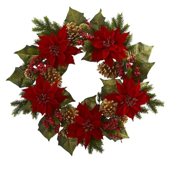 24" Poinsettia, Berry and Golden Pinecone Artificial Wreath {1}