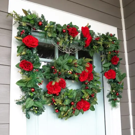 Village Lighting 30" LED Red Peonies & Berry Wreath {8}