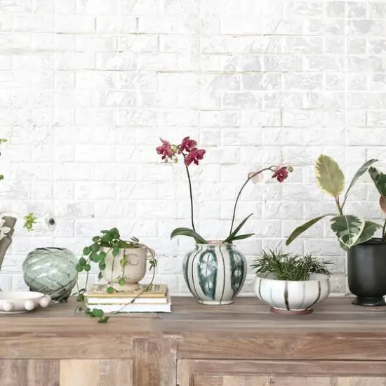 Hello Honey® 10" Cream & Green Reactive Glaze Stripes Hand-Painted Stoneware Bowl {3}