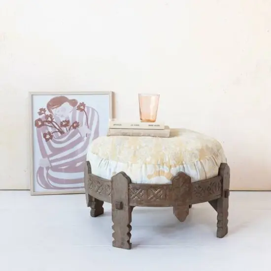 Hello Honey&reg; 24" Carved Reclaimed Wood Stool with Bleached Vintage Cotton Kantha Patchwork Cushion {3}