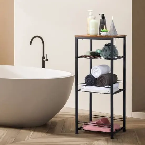 NEX&trade; 29" Black Freestanding 4-Tier Storage Shelf with Toilet Paper Holder {7}