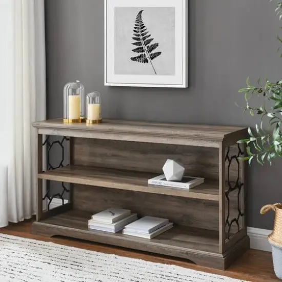 Walker Edison Gray Wash Lateral Bookshelf with Decorative Metal Sides {3}