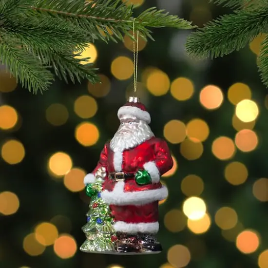 5.5" Red Classic Santa With Tree Hanging Glass Christmas Ornament {3}
