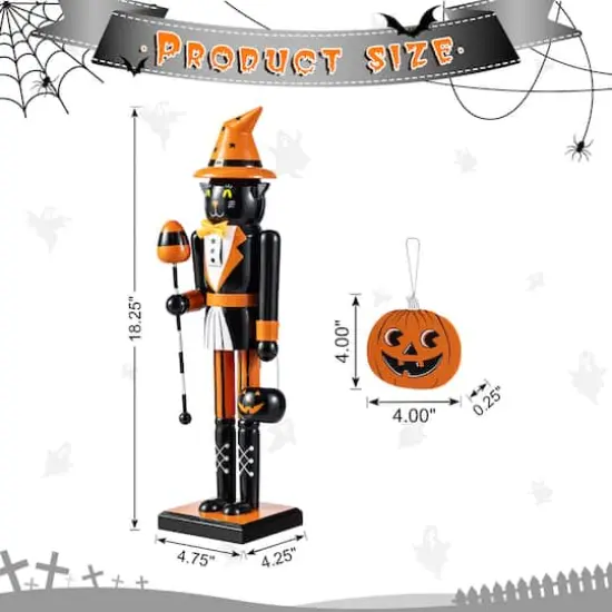 Glitzhome&reg; 18.5"H Halloween Wooden Black Cat Nutcracker with Pumpkin Ornament {9}
