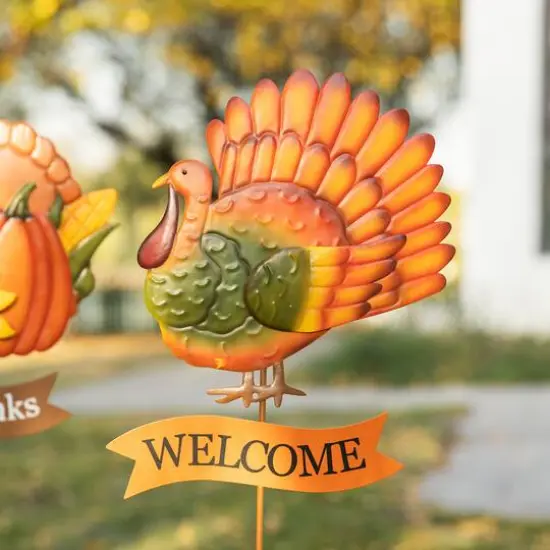 Glitzhome® 36.25" Thanksgiving Metal Turkey & Croissant Yard Stake Set {5}